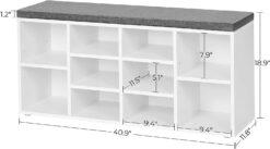 VASAGLE Rack Bench, Shoe Shelf, Storage Cabinet Compartments, with Cushion, for Entryway, 11.8 x 40.9 x 18.9 Inches, 10 Cubbies, White + Gray