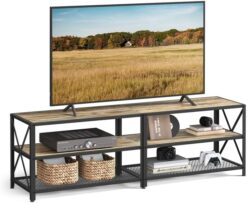 VASAGLE TV Stand, TV Console for TVs Up to 70 Inches, TV Table, 63 Inches Width, TV Cabinet with Storage Shelves, Steel Frame, for Living Room, Bedroom, Turquoise Brown and Black ULTV095B60