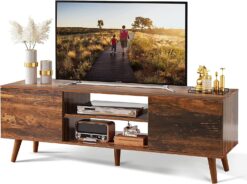 WLIVE TV Stand for 55 60 inch TV, Mid Century Modern TV Console, Entertainment Center with Storage for Living Room, Retro Brown