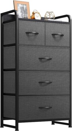 YITAHOME Fabric Dresser with 5 Drawers - Storage Tower with Large Capacity, Organizer Unit for Bedroom, Living Room & Closets - Sturdy Steel Frame, Wooden Top & Easy Pull Fabric Bins (Black Grey)