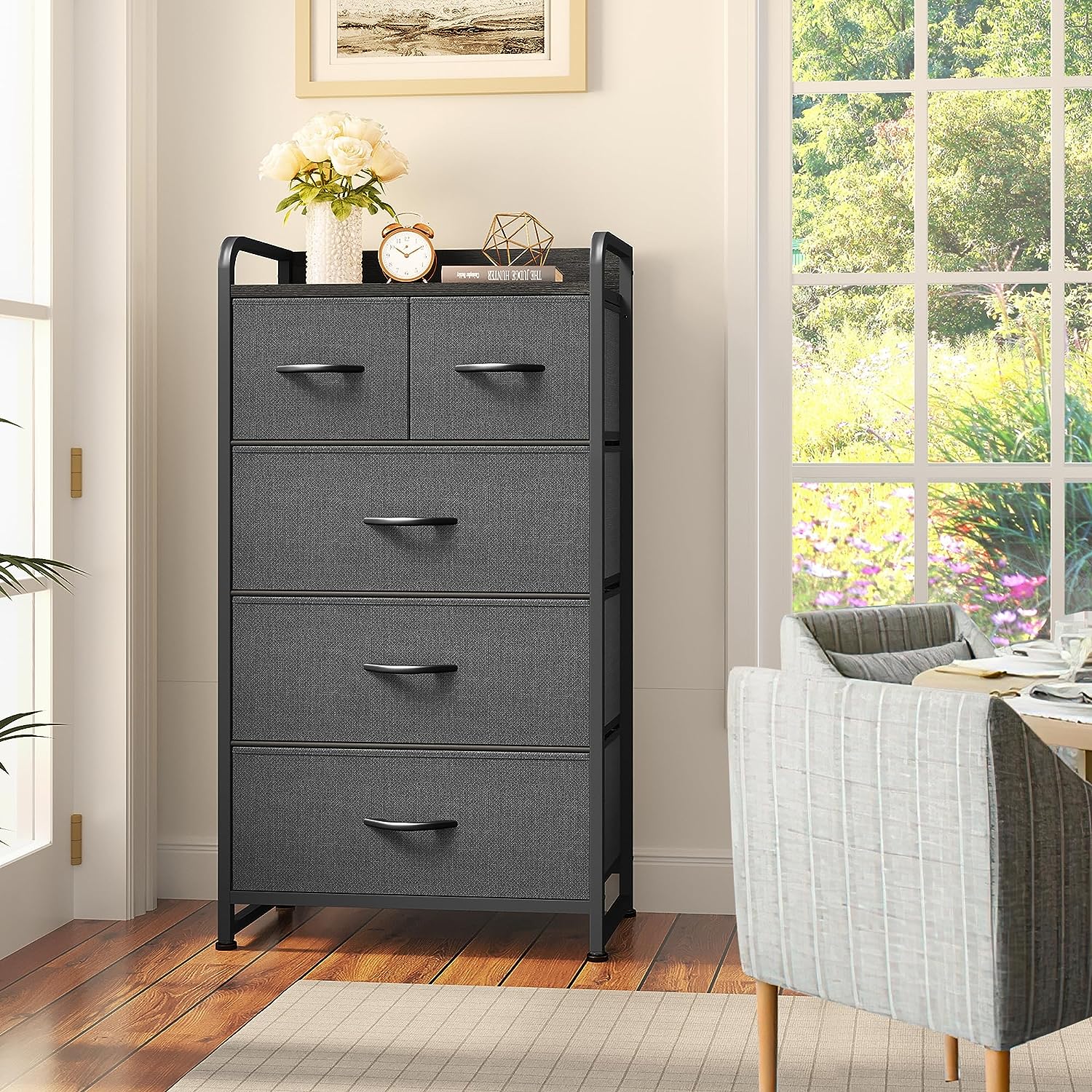 Cabinet organizer with 5 fabric drawers and a wooden top, with a