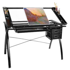 HEMBOR Adjustable Drafting Table Glass Top with Storage Drawers Black