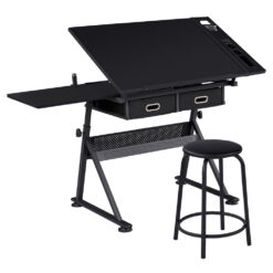 Yaheetech Adjustable Height Drawing Table Drafting Desk with P2 Tiltable Tabletop, Stool and 2 Drawers,Black