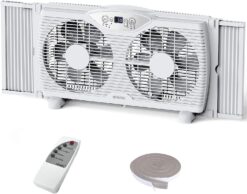 shinic Twin Window Fan with Remote, 9-Inch Blades Reversible Airflow, Thermostat Control, 3 Speeds, 3 Functions, 23.8