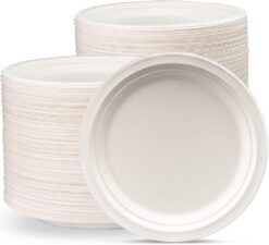 Comfy Package 100% Compostable 9 Inch Heavy-Duty Paper Plates [250 Pack] Eco-Friendly Disposable Sugarcane Plates
