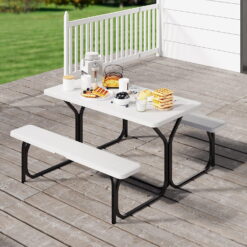 Dextrus Picnic Table Bench Set 4.5 ft Outdoor Camping with Stable Steel Frame & Wooden Texture Tabletop Weather Resistant - White
