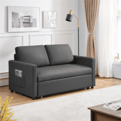 Alden Design Linen Loveseat Sofa with Pull-Out Trundle Bed, Dark Gray