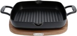 All-Clad Cast Iron Square Griddle with Acacia Trivet 11 Inch Induction Oven Broil Safe 650F Pots and Pans, Cookware Black