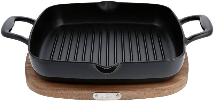 All-Clad Cast Iron Square Griddle with Acacia Trivet 11 Inch Induction Oven  Broil Safe 650F Pots and Pans, Cookware Black
