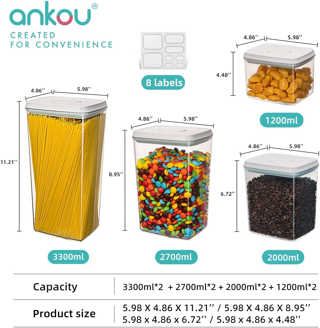 Ankou Food Storage Containers, Pop Airtight Food Storage Containers with  Lids for Kitchen Pantry Organizing Stackable Container For Cereal Snack  Flour Sugar Coffee Spaghetti - 8 Pcs (1.2, 2.0, 2.7, 3.3qt)*2