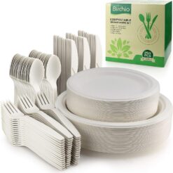 BIRCHIO 250 Piece Biodegradable Paper Plates Set (EXTRA LONG UTENSILS), Disposable Dinnerware Set, Eco Friendly Compostable Plates & Utensil include Plates, Forks, Knives and Spoons for Party