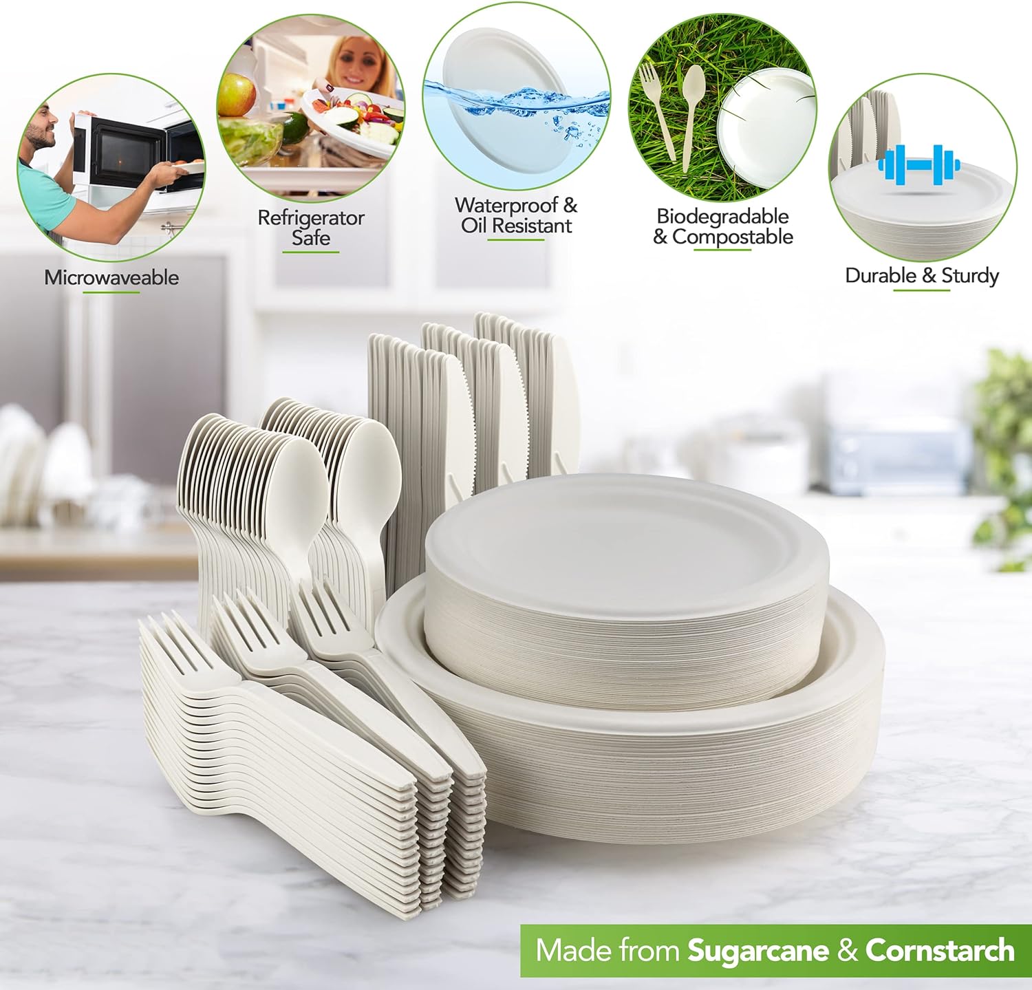 BIRCHIO 300 Piece (50 Sets) Biodegradable Paper Plates Set (EXTRA LONG  UTENSILS), Disposable Dinnerware Set, Eco Friendly Compostable Plates &  Utensil