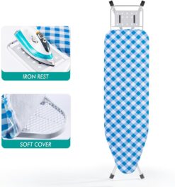 BKTD Ironing Board, Heat Resistant Cover Iron Board with Steam Iron Rest, Non-Slip Foldable Ironing Stand. Heavy Sturdy Metal Frame Legs Iron Stand (Blue White)