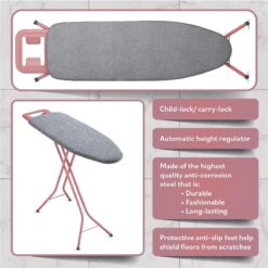 Bartnelli Classic Ironing Board Made in Europe Premium Iron Board with 4 Layered Cover & Pad, Height Adjustable up to 36 Features A Safety Iron Rest, 4 Steel Legs (43x14) (Rose-Gray)
