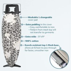 Bartnelli Pro Luxury Ironing Board - Extra Wide 62x19 Steam Iron Rest, Adjustable Height, T-Leg Foldable, European Made