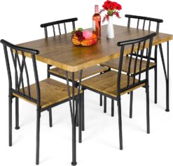 Best Choice Products 5-Piece Metal and Wood Indoor Modern Rectangular Dining Table Furniture Set for Kitchen, Dining Room, Dinette, Breakfast Nook w4 Chairs - Brown