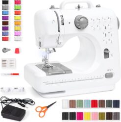 Best Choice Products Compact Sewing Machine, 42-Piece Beginners Kit, Multifunctional Portable 6V for Beginner w12 Stitch Patterns, Light, Foot Pedal, Storage Drawer - GrayWhite