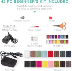 Best Choice Products Compact Sewing Machine, 42-Piece Beginners Kit, Multifunctional Portable 6V for Beginner w12 Stitch Patterns, Light, Foot Pedal, Storage Drawer - GrayWhite