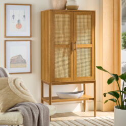Better Homes & Gardens Springwood Caning Storage Cabinet, Light Honey Finish