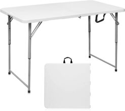 Byliable Folding Table 4 Foot Portable Heavy Duty Plastic Fold-in-Half Utility Foldable Table Small Indoor Outdoor Adjustable Height Folding Table with Carrying Handle, Camping and Party