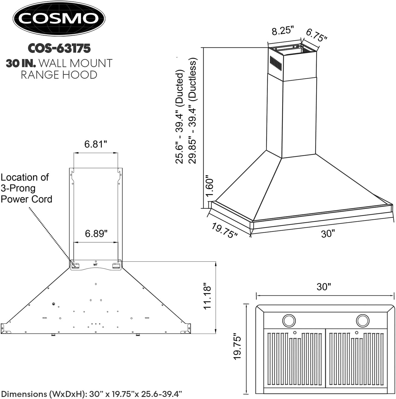 COSMO 63175 30 in. Wall Mount Range Hood with Efficient Airflow, Ducted,  3-Speed Fan, Permanent Filters, LED Lights, Chimney Style Over Stove Vent  in