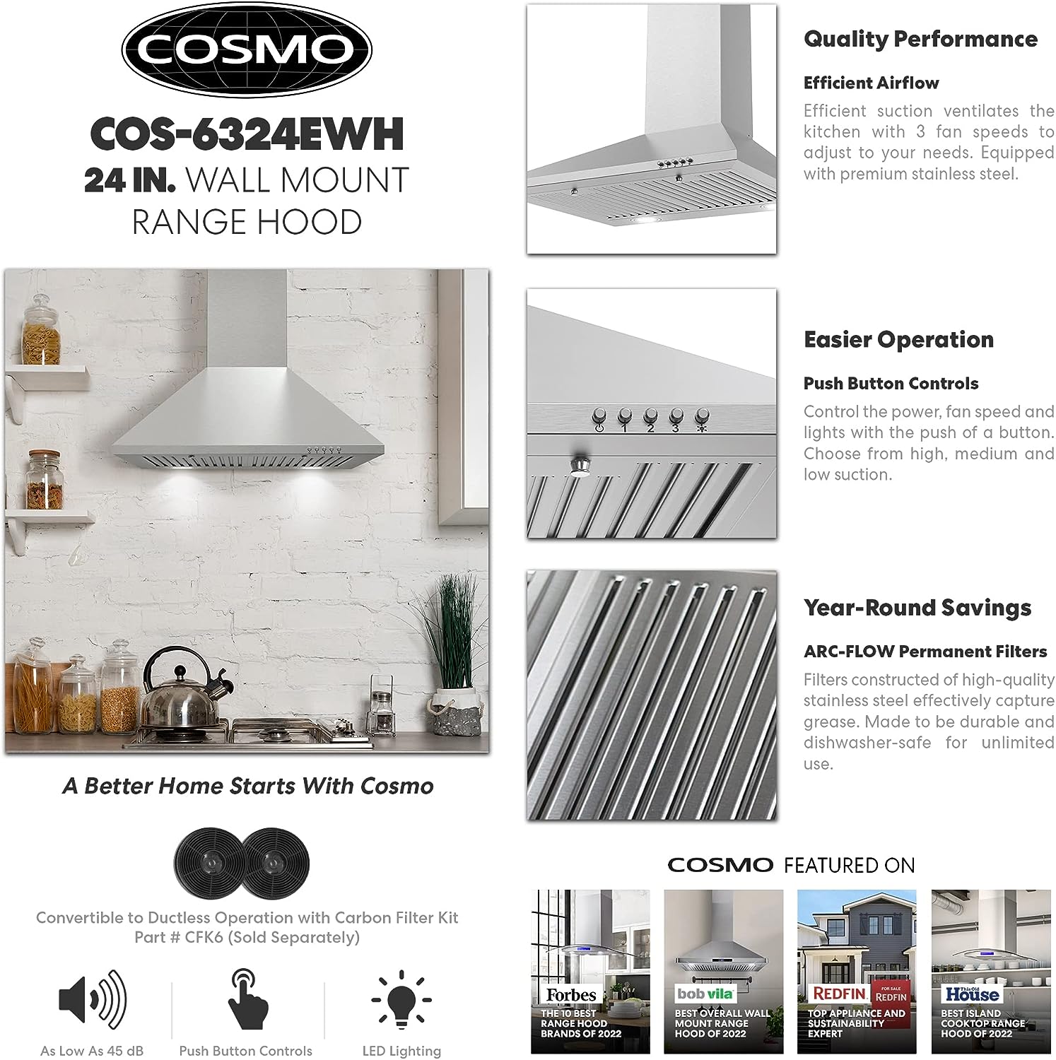 COSMO COS-6324EWH Wall Mount Range Hood, Chimney-Style Over Stove Vent, 3  Speed Fan, Permanent Filters, LED Lights in Stainless Steel (24 inch)