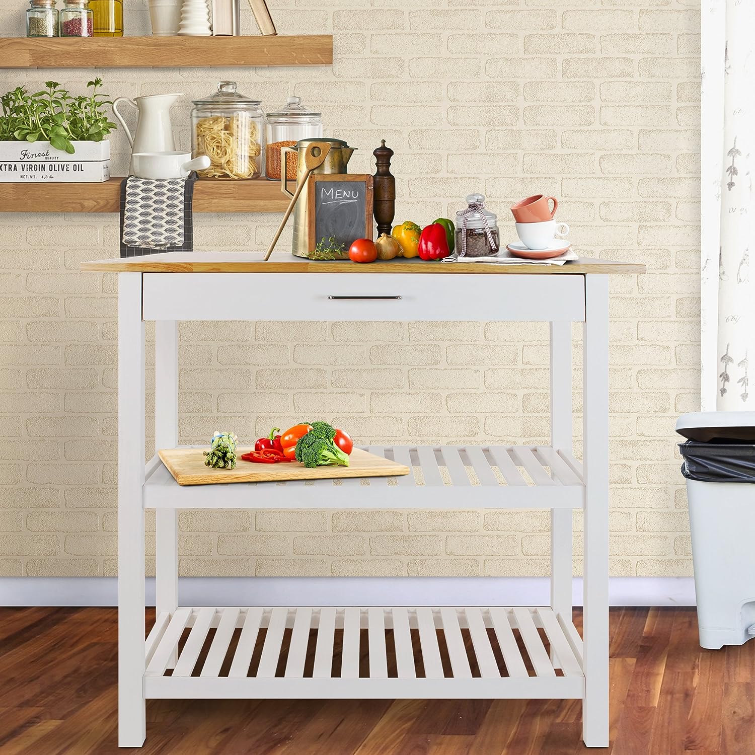 Casual Home Solid Wood Kitchen Island, Natural Maple Top, White Base (New) 40 20 36.5inch1