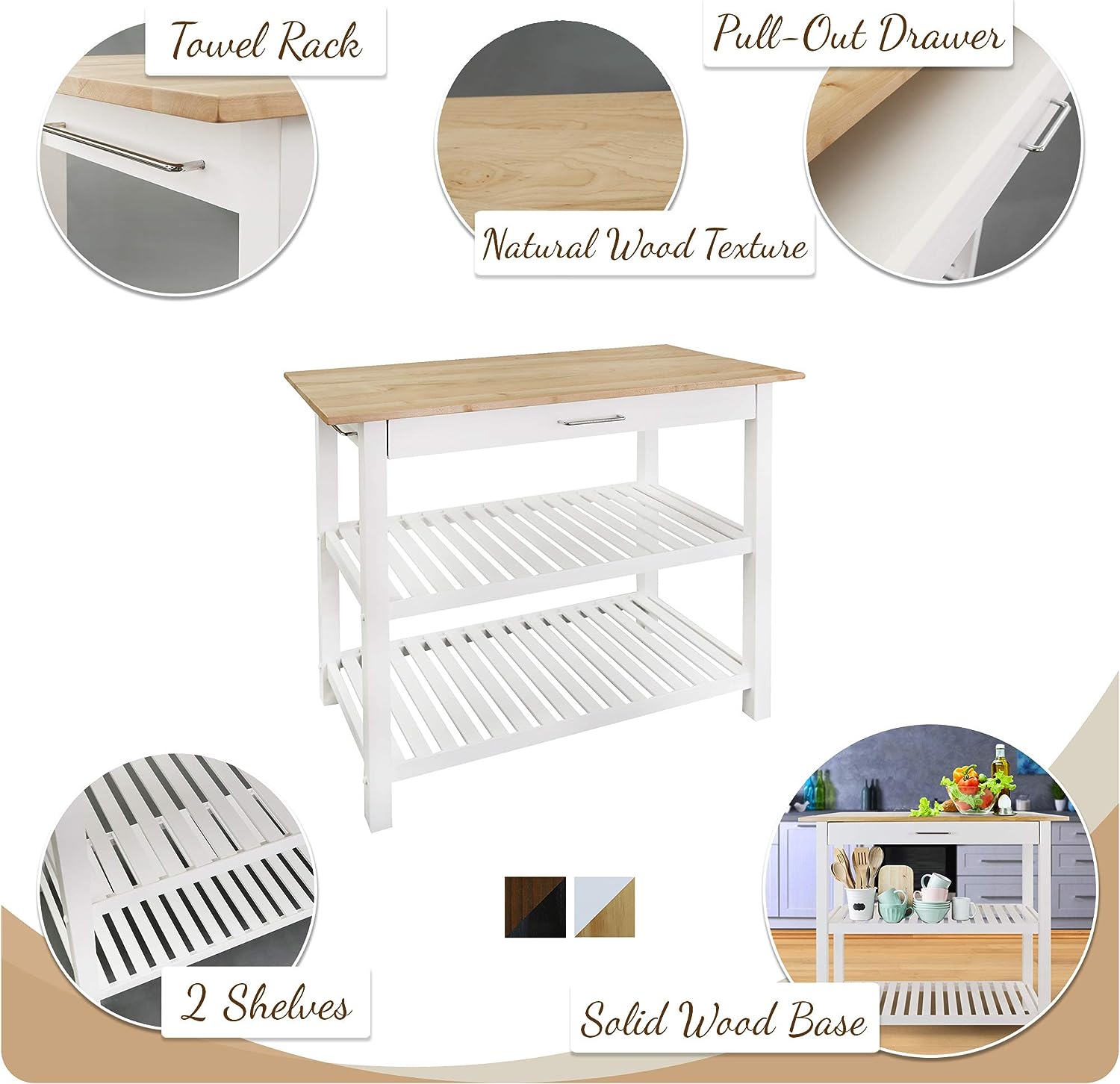 Casual Home Solid Wood Kitchen Island, Natural Maple Top, White Base (New) 40 20 36.5inch2