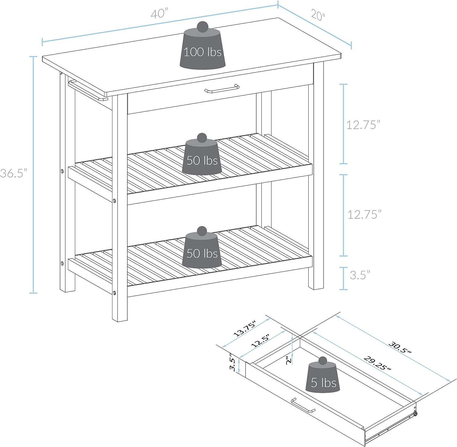 Casual Home Solid Wood Kitchen Island, Natural Maple Top, White Base (New) 40 20 36.5inch3