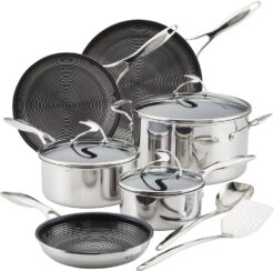 Circulon Clad Stainless Steel Cookware/Pots and Pans and Utensil Set with Hybrid SteelShield and Nonstick Technology, 11 Piece - Silver