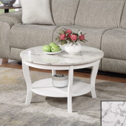 Convenience Concepts American Heritage Round Coffee Table with Shelf, White Faux Marble/White
