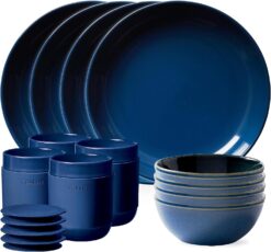 Corelle Stoneware 16-Pc Dinnerware Set, Handcrafted Artisanal Double Bead Plates, Meal Bowls, Bowls and Tumblers, Solid and Reactive Glazes, Dining Plate Set, Navy