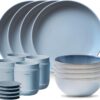 Corelle Stoneware 16-Pc Dinnerware Set, Handcrafted Artisanal Double Bead Plates, Meal Bowls, Bowls and Tumblers, Solid and Reactive Glazes, Dining Plate Set, Nordic Blue