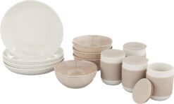 Corelle Stoneware 16-Pc Dinnerware Set, Handcrafted Artisanal Double Bead Plates, Meal Bowls, Bowls and Tumblers, Solid and Reactive Glazes, Dining Plate Set, Oatmeal