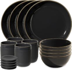 Corelle Stoneware Dinnerware Set, Handmade Reactive & Solid Glazed Ceramic Plates and Bowls, Modern Rustic Style Round Dishes, Service for 4, Peppercorn 12 PIECE SET