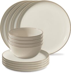 Corelle Stoneware Dinnerware Set, Handmade Reactive & Solid Glazed Ceramic Plates and Bowls, Modern Rustic Style Round Dishes, Service for 4, Sea Salt 12 PIECE SET