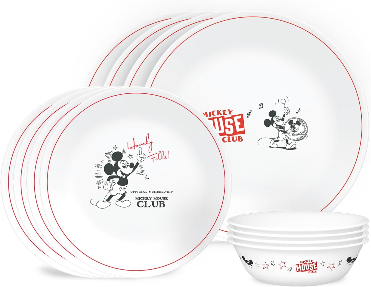  Corelle Vitrelle 16-Piece Dinnerware Set, Triple Layer Glass  and Chip Resistant, Lightweight Round Plates Bowls Disney's Mickey Mouse -  The True Original White : Home & Kitchen
