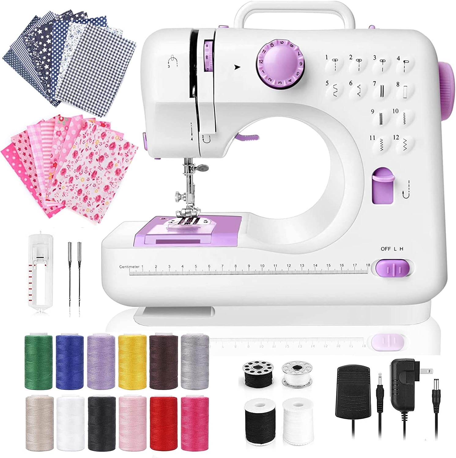 Dechow Sewing Machine for Beginners, Electric Mini Portable, 12 Built-in  Stitches with Reverse Sewing, 2 Speeds Double Thread with Foot Pedal,  Floral Cotton Fabric and Sewing Threads Set(Purple)