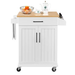 Easyfashion Rolling Kitchen Cart with Storage and Spice Rack, White
