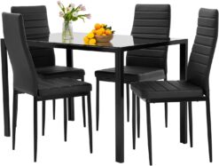FDW Dining Table Set Glass Dining Room Table Set for Small Spaces Kitchen Table and Chairs for 4 Table with Chairs Home Furniture Rectangular Modern (Black Glass)