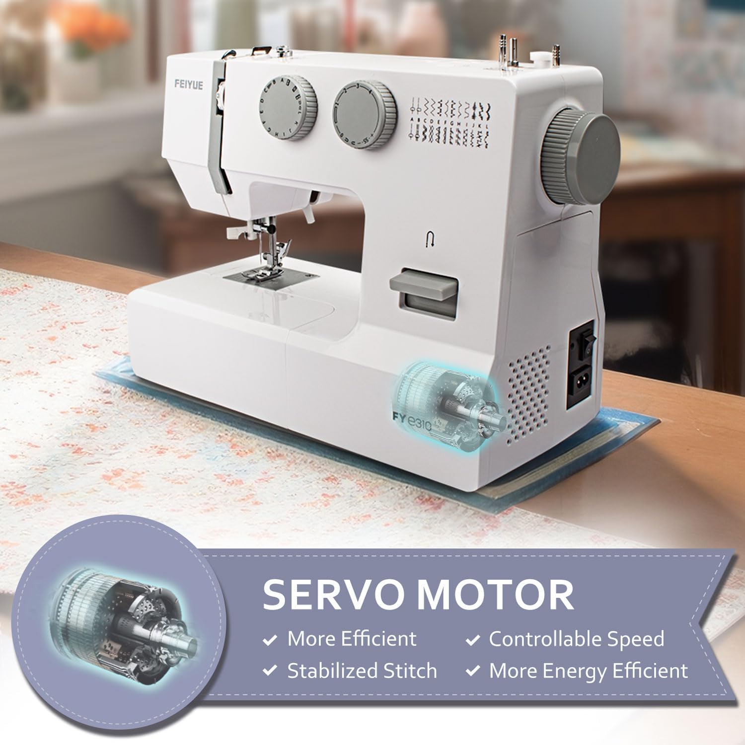 FEIYUE FYe310, Sewing Machine with Accessory Kit, 105 Stitch Applications,  100W Servo Motor, Heavy Duty Interior Metal Frame, Dual LED Lights, Easy to  Use (White)