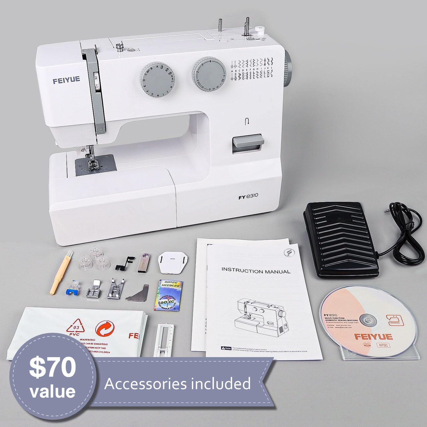 FEIYUE FYe310, Sewing Machine with Accessory Kit, 105 Stitch Applications,  100W Servo Motor, Heavy Duty Interior Metal Frame, Dual LED Lights, Easy to  Use (White)