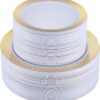 FOCUSLINE 102Pcs Disposable Plastic Plates Gold Grid Rim Party Plates, 51Pcs 10 Inch Dinner Plates and 51Pcs 7 Inch Dessert Plates Elegant Fancy Heavy Duty Wedding Plates