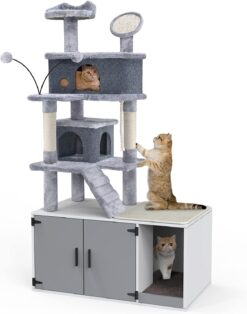 GDLF Cat Litter Box Enclosure Hidden Cat Washroom with Cat Tower All-in-One Large Cat Tree Cat Condo with Sisal Scratching Post & Pad 65”