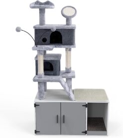 GDLF Cat Litter Box Enclosure Hidden Cat Washroom with Cat Tower All-in-One Large Cat Tree Cat Condo with Sisal Scratching Post & Pad 65”