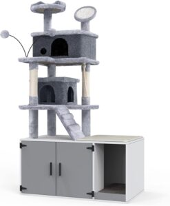 GDLF Cat Litter Box Enclosure Hidden Cat Washroom with Cat Tower All-in-One Large Cat Tree Cat Condo with Sisal Scratching Post & Pad 65”