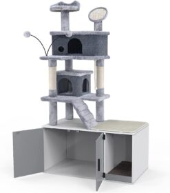 GDLF Cat Litter Box Enclosure Hidden Cat Washroom with Cat Tower All-in-One Large Cat Tree Cat Condo with Sisal Scratching Post & Pad 65”
