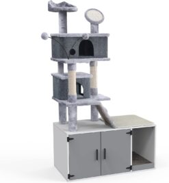 GDLF Cat Litter Box Enclosure Hidden Cat Washroom with Cat Tower All-in-One Large Cat Tree Cat Condo with Sisal Scratching Post & Pad 65”