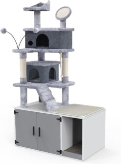 GDLF Cat Litter Box Enclosure Hidden Cat Washroom with Cat Tower All-in-One Large Cat Tree Cat Condo with Sisal Scratching Post & Pad 65”
