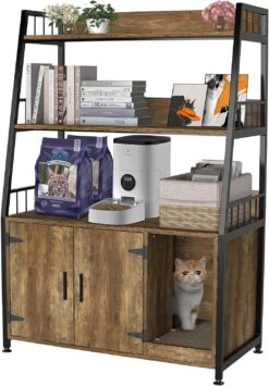 GDLF Large Hidden Cat Litter Box Enclosure Furniture with Shelf Wood Sturdy Cat Washroom Storage with Scratch, Light Brown